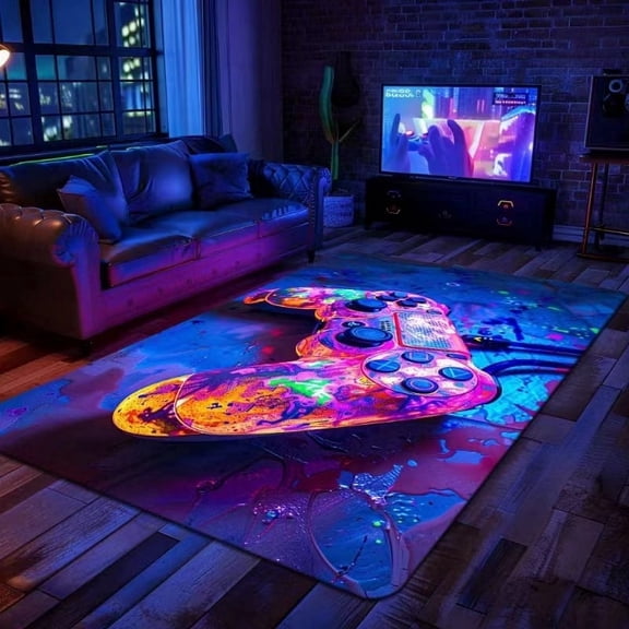 Neon Gaming Controller Printed Area Rug, Non-Slip Glow-in-the-Dark Style Floor Rug for Game Room & Bedroom