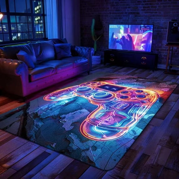 Neon Gaming Controller Printed Area Rug, Non-Slip Glow-in-the-Dark ...