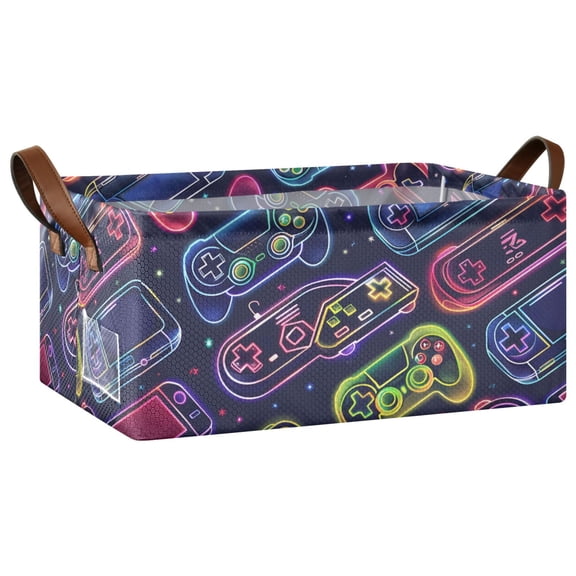 Neon Gaming Joystick Collapsible Storage Bins Fabric Shelf Baskets with Handles 16.9"x11.4"x7.7" Closet Organizer