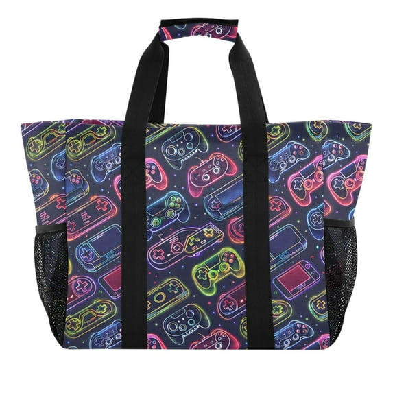 Neon Gaming Joystick Reusable Grocery Bags with Handle Side Pocket Waterproof Shopping Portable Tote