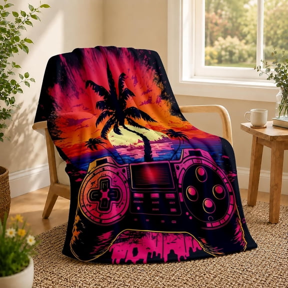 Neon Gaming Sunset Controller Throw Blanket