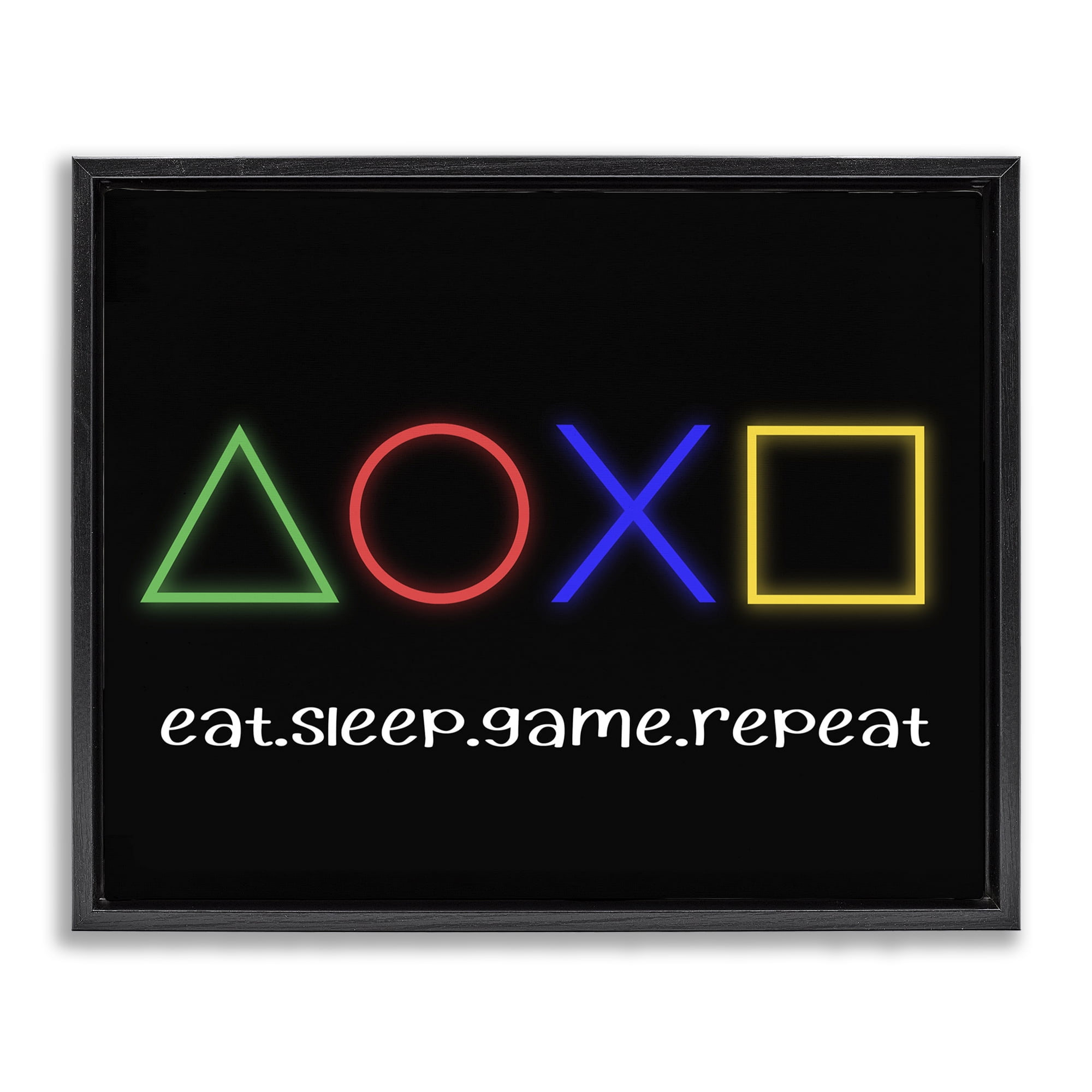 Neon Gaming Symbols & Words Black Framed Floater Canvas Wall Art, design by Christine Simpson Art