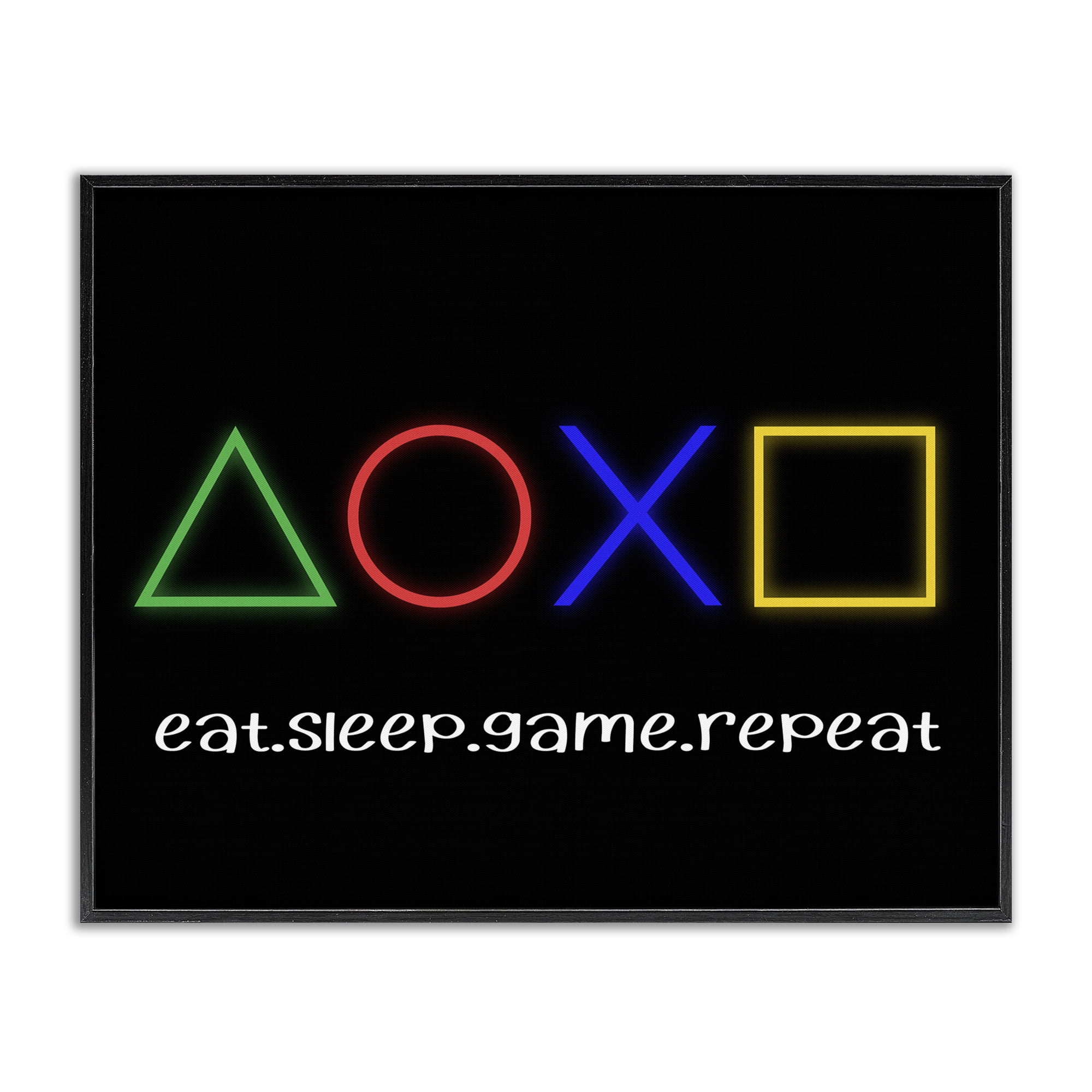Neon Gaming Symbols & Words Black Framed Giclee Art, design by Christine Simpson Art