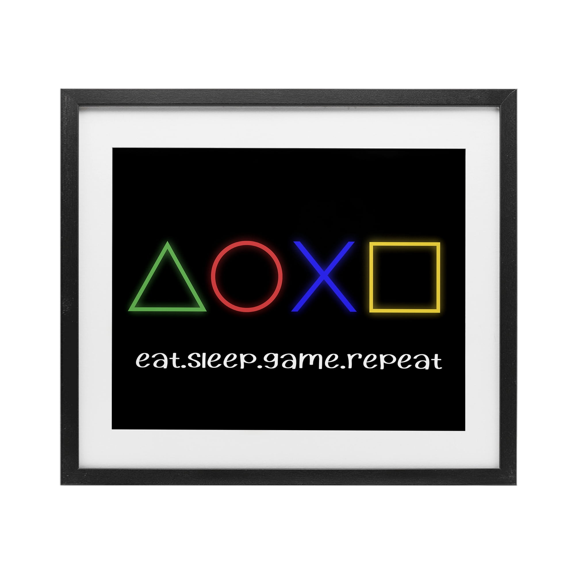 Neon Gaming Symbols & Words Black Framed Print Under Glass, design by Christine Simpson Art