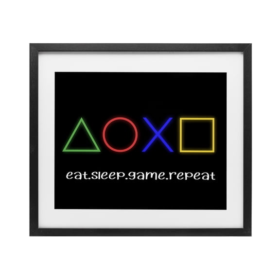 Neon Gaming Symbols & Words Black Framed Print Under Glass, design by Christine Simpson Art