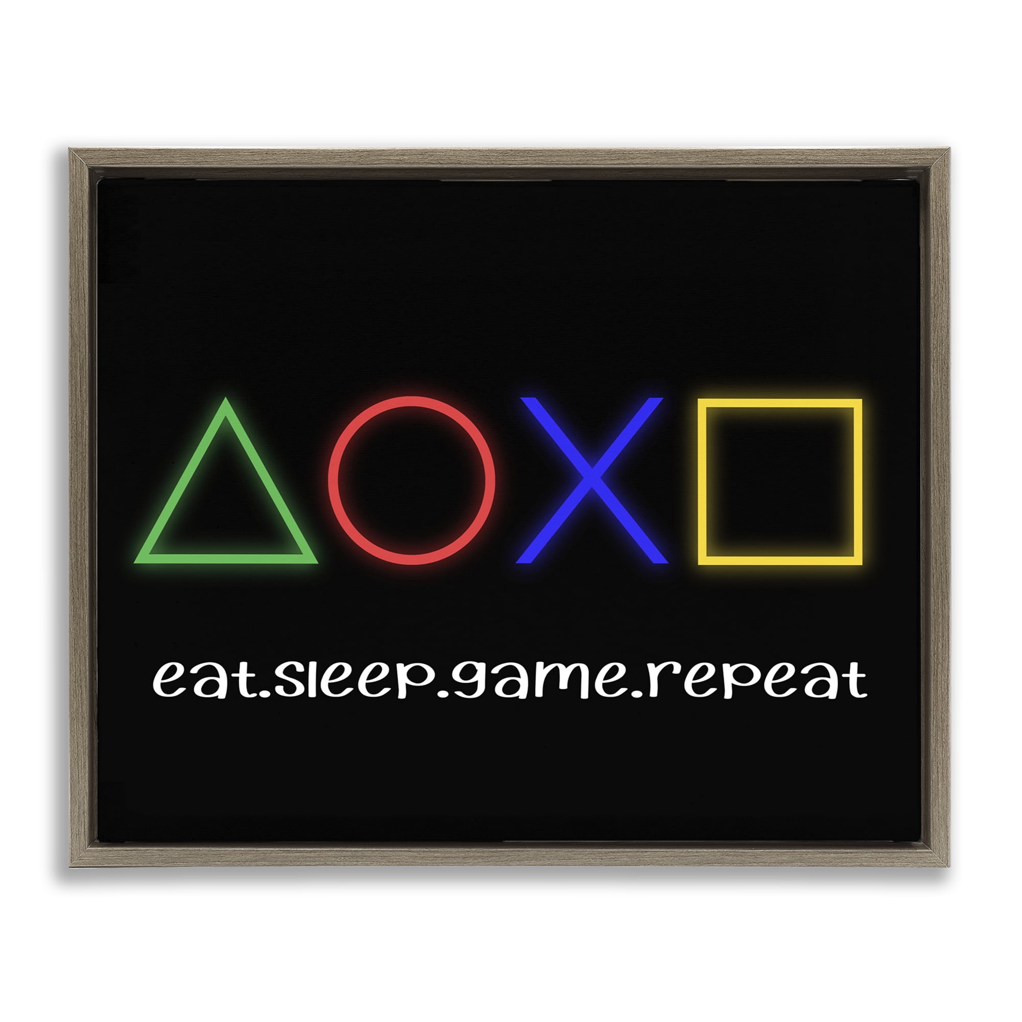 Neon Gaming Symbols & Words Brown Framed Floater Canvas Wall Art, design by Christine Simpson Art