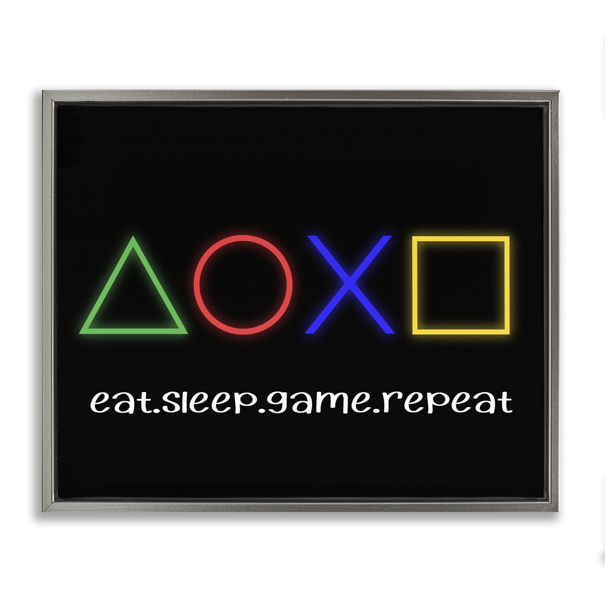 Neon Gaming Symbols & Words Gray Framed Floater Canvas Wall Art, design by Christine Simpson Art