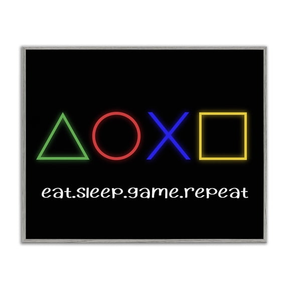 Neon Gaming Symbols & Words Gray Framed Giclee Art, design by Christine Simpson Art