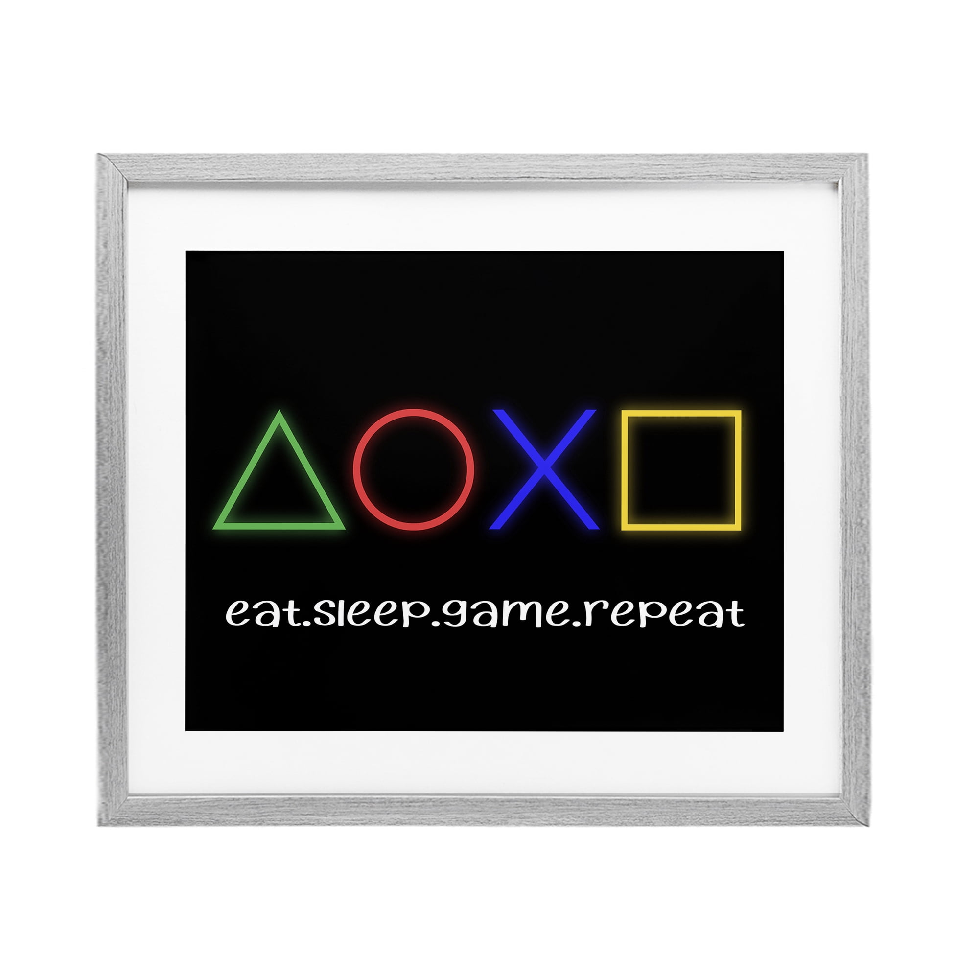 Neon Gaming Symbols & Words Gray Framed Print Under Glass, design by Christine Simpson Art