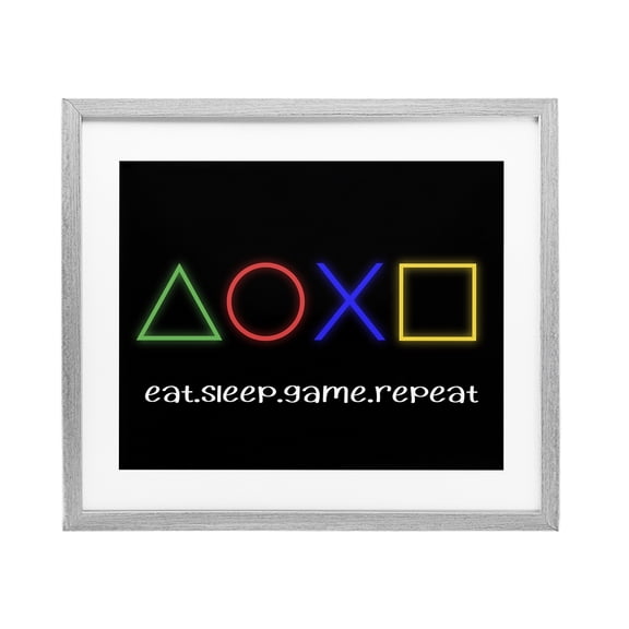 Neon Gaming Symbols & Words Gray Framed Print Under Glass, design by Christine Simpson Art