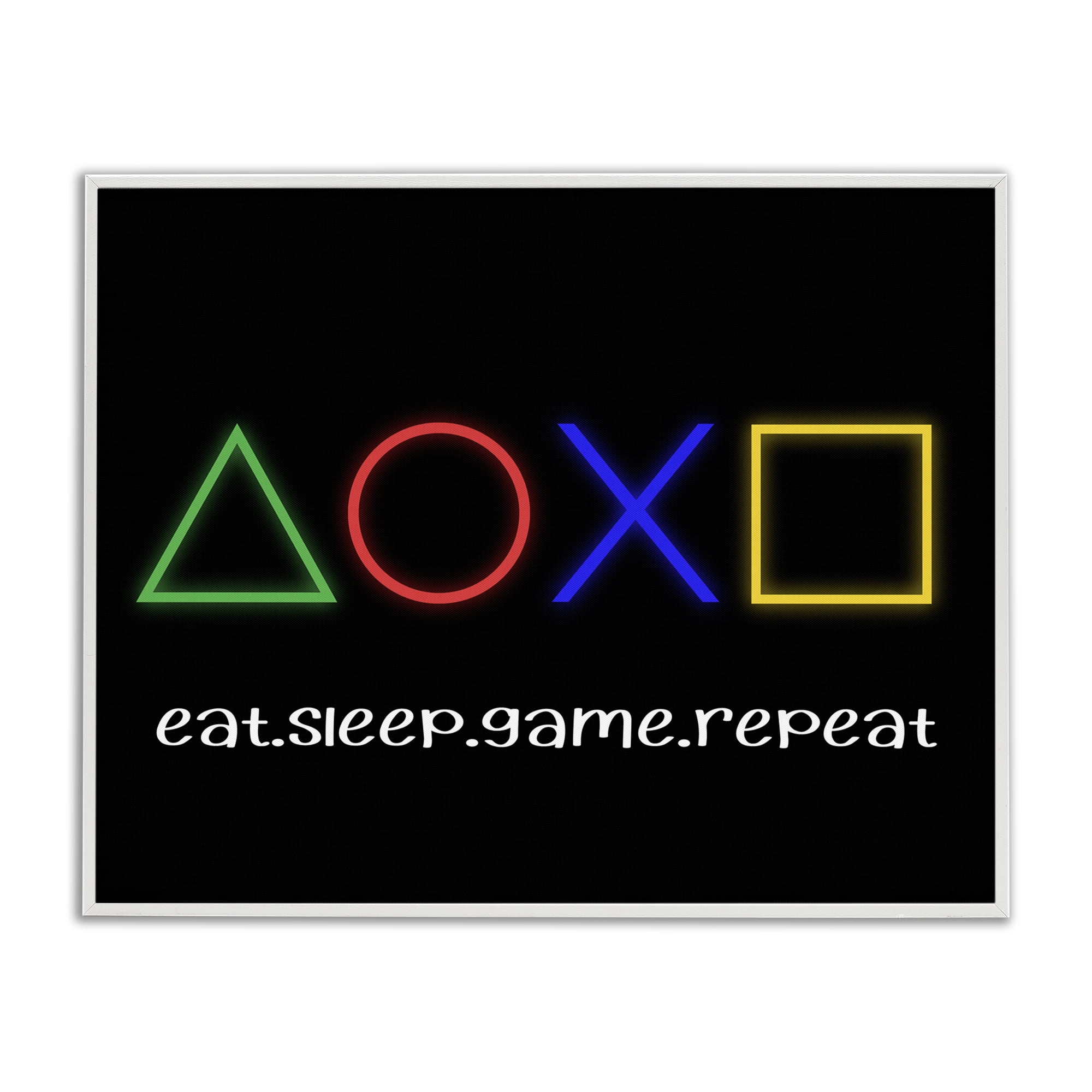Neon Gaming Symbols & Words White Framed Giclee Art, design by Christine Simpson Art