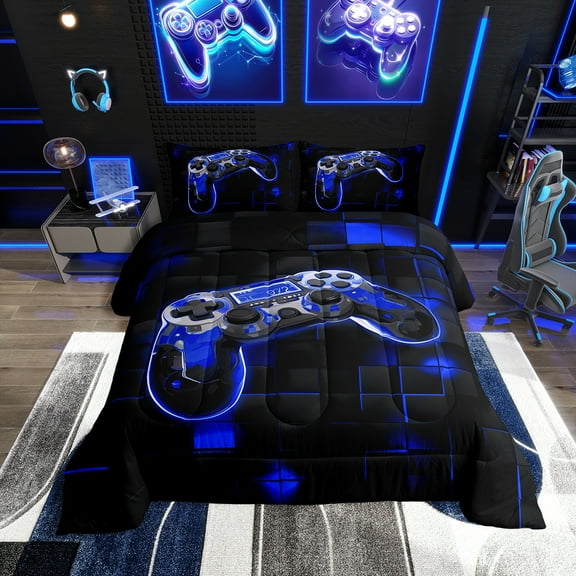 Neon Gaming Twin Bedding Sets Royal Blue and Black Gamer Comforter Set ,Geometric Abstract Bedding Comforter Sets Video Game Controller Quilt Bed Set 2Pcs