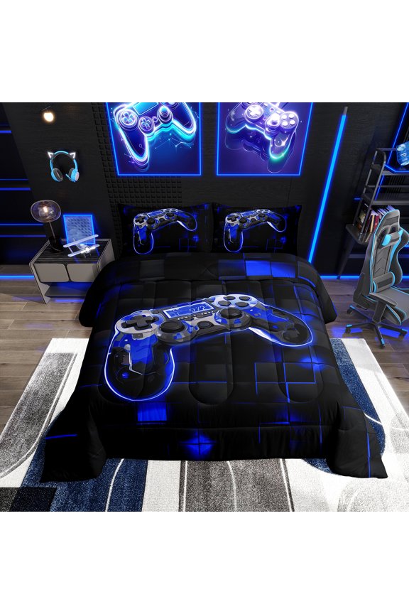 Neon Gaming Twin Bedding Sets Royal Blue and Black Gamer Comforter Set ,Geometric Abstract Bedding Comforter Sets Video Game Controller Quilt Bed Set 2Pcs