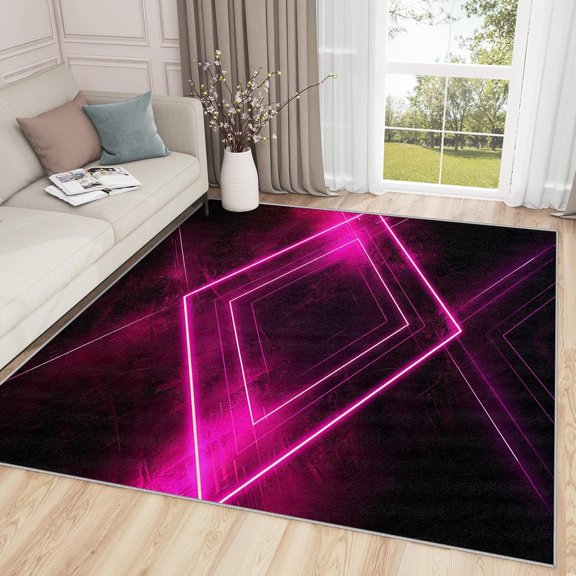 Neon Geometric Area Rugs, Futuristic Pink Black Abstract Carpet, Washable Non Slip Low Pile Soft Rug for Bedroom Living Room Decor Mat 2ftx3ft