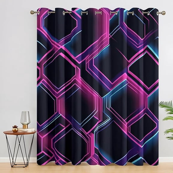 Neon Geometric Curtains for Bedroom Decor, Hexagon Modern Abstract Pattern Design Blackout Drapes, Neon Geometric Curtains for Living Room 53"W x 96"L (Pack of 2)