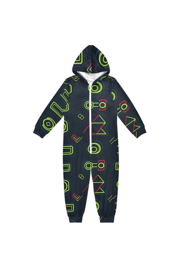 Neon Geometric Shapes Design One Piece Pajamas Soft Jumpsuit Cozy Sleep and Play Romper Zipper and Pockets 13-14Y