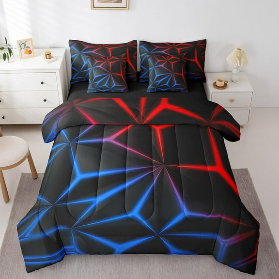 Neon Geometry Comforter Set 7 Piece Full Size Red Blue Gradient Neon Light Bed in a Bag Geometric Diamond Bedding Sets Adults, Modern Sheet Set with Comforter Luxury Room Decor