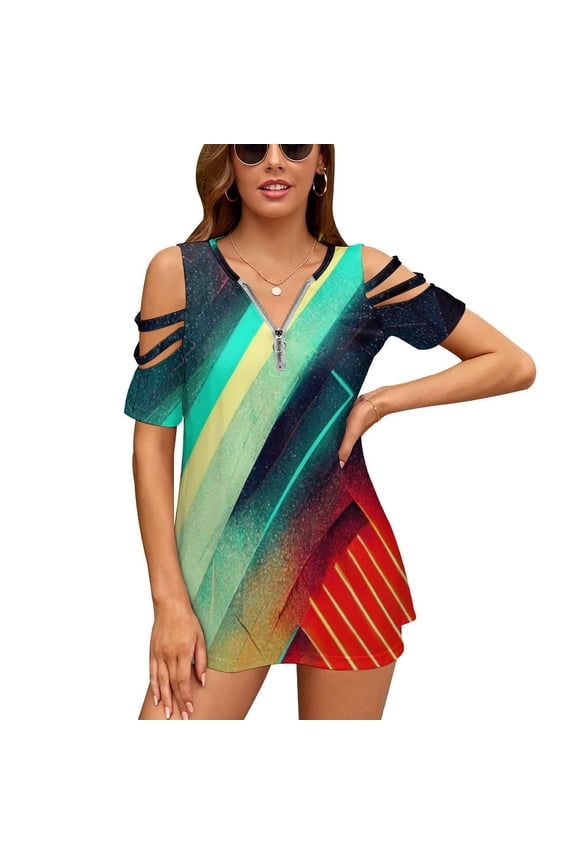 Neon Geometry Ruffle Short Sleeve T-Shirt V Neck Shirts Pattern Cute Tops Casual Tee Neon Neonlights Love Neonsigns Neonsign