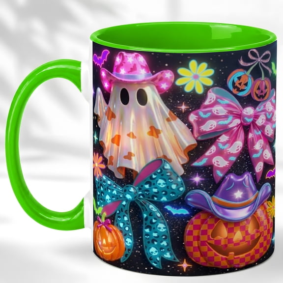 Neon Ghost Coffee Mug, Halloween Bow Mug, Ceramic 11 oz
