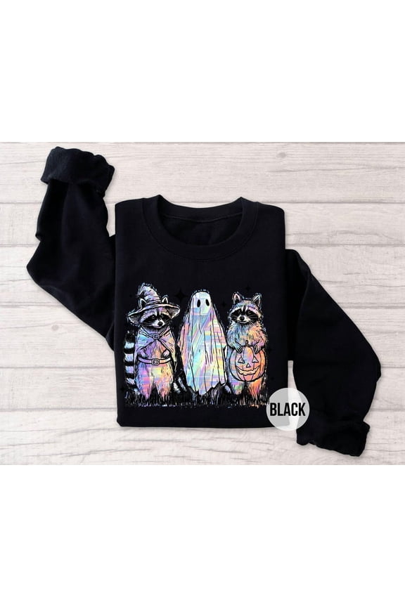 Neon Ghost & Sweatshirt, Holographic Crewneck, Spooky Season Pullover, Trash Panda Graphic Sweater All Size S-5Xl