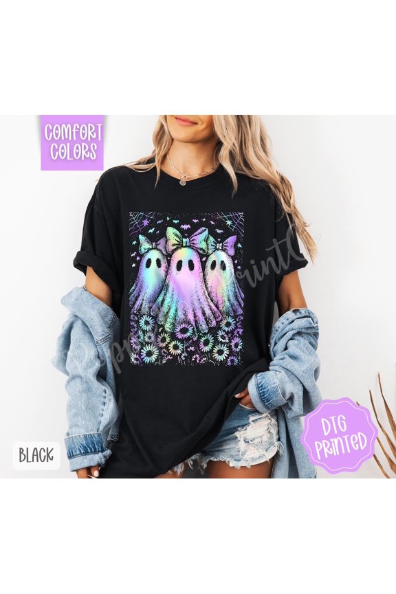 Neon Ghost Trio Iridescent Trendy Autumn T-Shirt All Size S-3XL