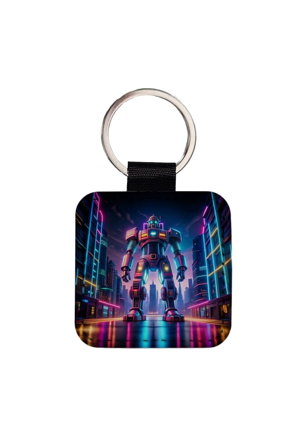 Neon Giant Sci-fi Robot Faux Leather Square Keychain