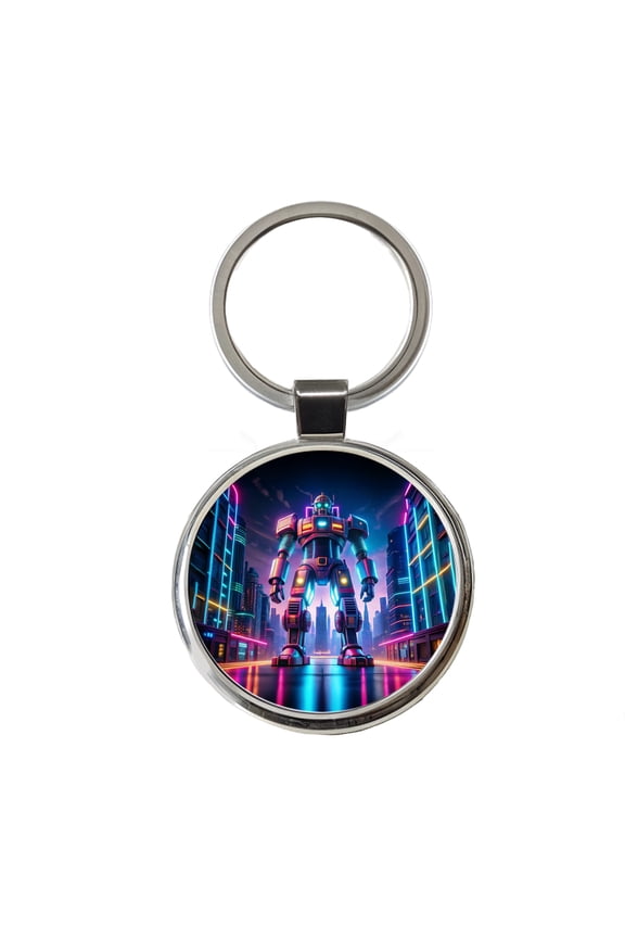 Neon Giant Sci-fi Robot Metal Round Keychain