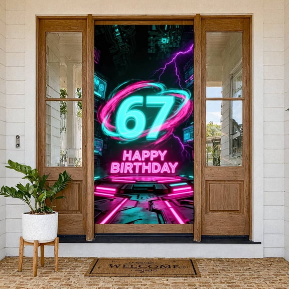 Neon Glow Effect Happy 67th Birthday Banner Cyan & Magenta Color Scheme 67th Birthday Backdrop Glowing Number 67 Tech-inspired Background Party Banner for 67th Birthday Parties Adult Birthday