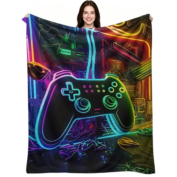Neon Glow Game Controller, Soft Warm Flannel Fleece, Neon Gaming Cyberpunk, Throw Blanket, Cozy Warm, Home Decor, Couch Sofa Bed Gaming Room, Hobby Gift
