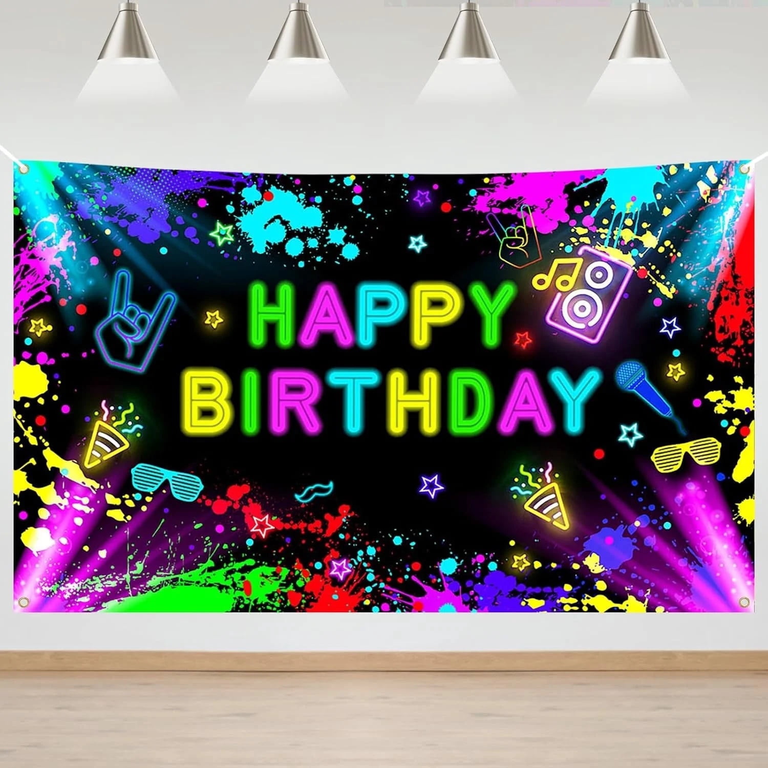 Neon Glow Happy Birthday Backdrop, Colorful Splatter Paint Party Banner ...