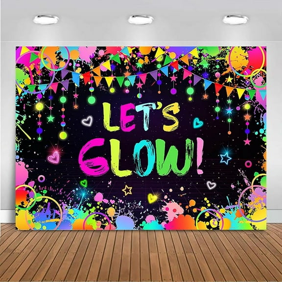 Neon Glow Party Backdrop Let’s Glow in The Dark Decorations Party Supplies Neon Graffiti Splatter Happy Birthday Banner Background Photo Booth Props (Glow Design but Not Glow) (7x5ft)