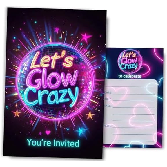 Neon Glow Party Birthday Invitations for Girls, Boys, Let's Glow Crazy Birthday Party Invitaions, 4x6 Inches, 30 Sets with Envelopes