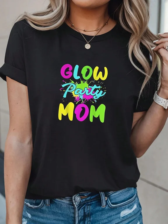 Neon Glow Party Mom Retro Paint Splatter Women's Short Sleeve Graphic T-Shirt Fluorescent Birthday Celebration Top
