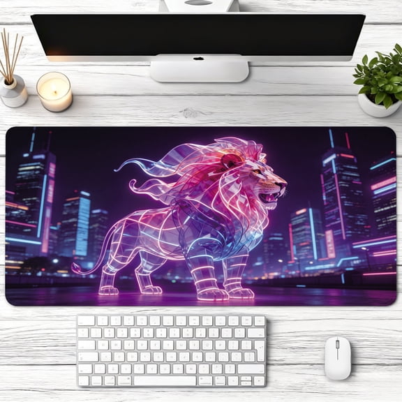 Neon Glowing Cybernetic Lion Animal Art Mouse Pad,Non Slip Rubber Pad,Desktop Decoration Drotection Pad,Washable,Lock Edge Multi Size,Mousepad for Office