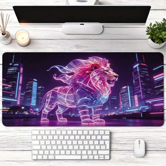 Neon Glowing Cybernetic Lion Animal Art Mouse Pad,Non Slip Rubber Pad,Desktop Decoration Drotection Pad,Washable,Lock Edge Multi Size,Mousepad for Office