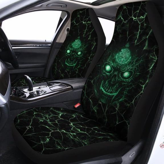 Neon Glowing Skull Car Seat Covers – Green Lightning Dark Aesthetic Auto Interior Decor, Gothic Horror Style Auto Seat Protectors