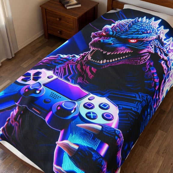 Neon Godzilla Gamer Plush Blanket, Cyberpunk Controller Throw, Kaiju Gaming Gift, Soft Cozy Throw for Bed Couch Chair, Home Bedroom Living Room Decor