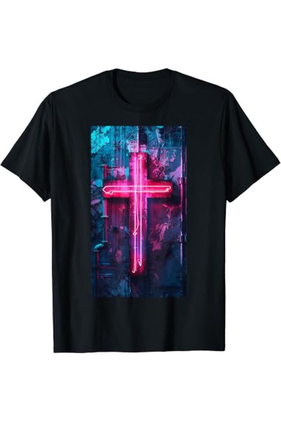 Neon Gothic Cross Neon Cross Religious Cyberpunk T-Shirt