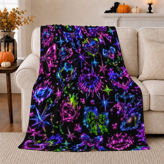 Neon Gothic Motifs Chains Bows, Festive Halloween Scene, Warm Flannel Blanket for Living Room and Family Room with Detailed Artwork, Art Lovers Halloween Gift, Festive Home Decor