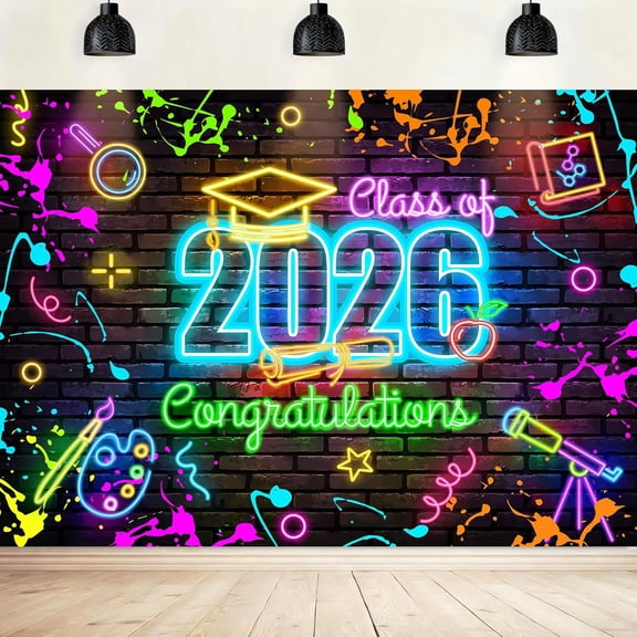 Neon Graduation Backdrop Congratulations Graduates Photography Backgrounds Colorful Graffiti Rustic Congrats Grad Decoration Banner Photo Shoot Props