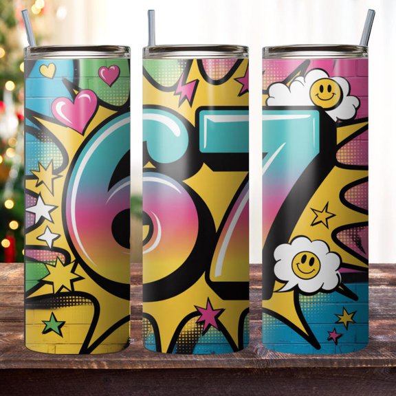 Neon Graffiti 6 7 Meme Tumbler Wrap, Electric Street Art Seamless Pattern, 20 oz Skinny Sublimation, Vibrant Digital Punk Style, Christmas