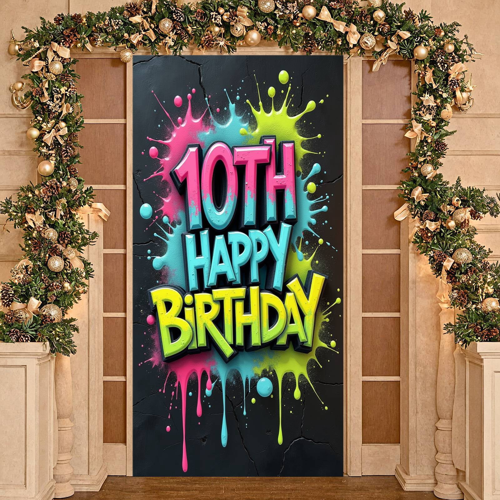 Neon Graffiti Happy 10th Birthday Banner 3D Letter Display Splash Ink ...
