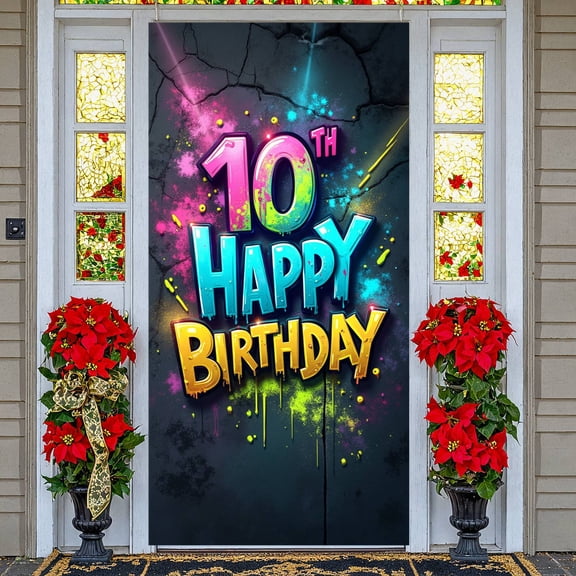 Neon Graffiti Happy 10th Birthday Banner 3D Lettered 10th Birthday Backdrop Splatter Design Dark Cracked Background Party Display for 10-Year-Old Children Party Indoor Party Setup Teenager Birthday