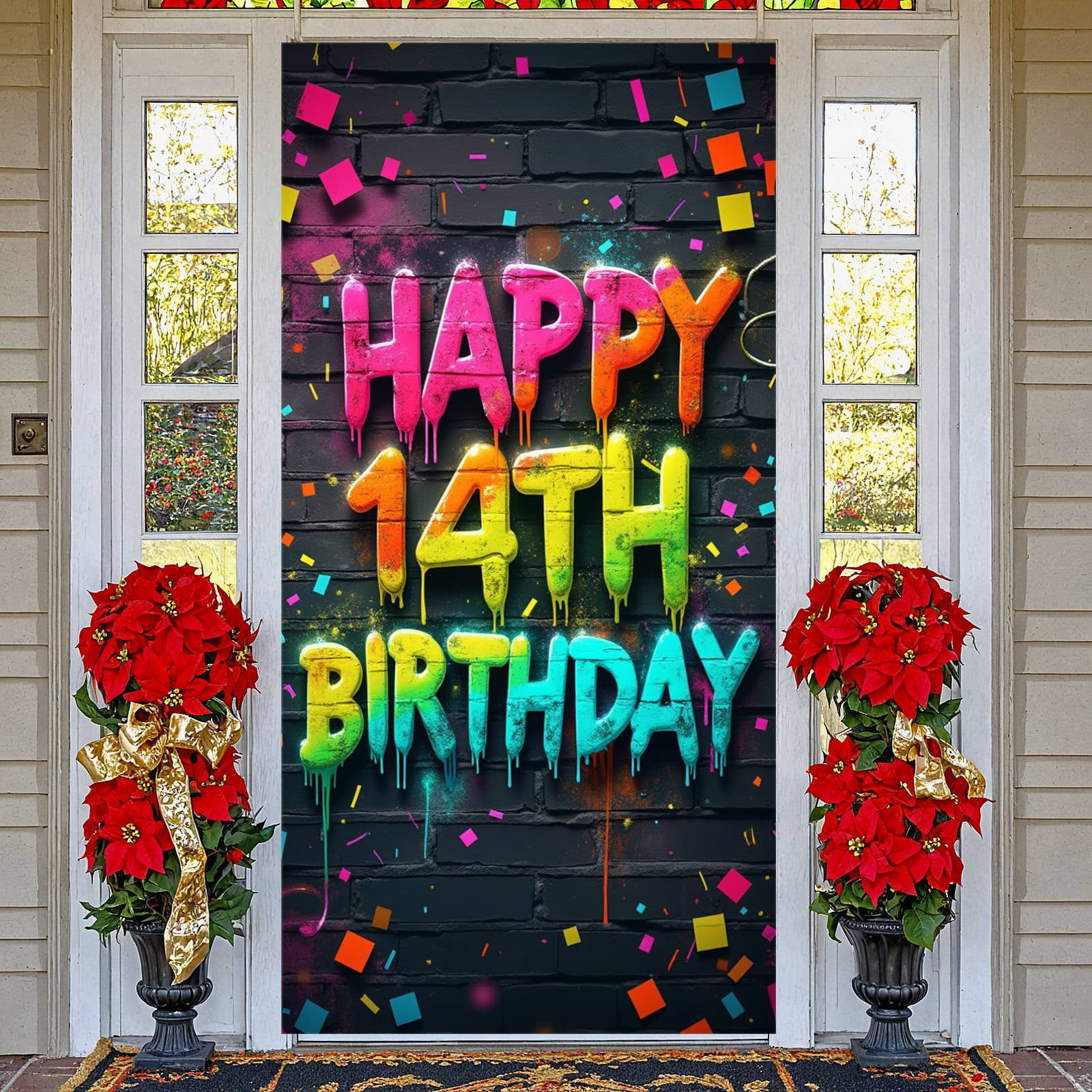 Neon Graffiti Happy 14th Birthday Banner Gradient Color Lettering ...