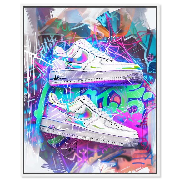 Neon Graffiti Sneaker Wall Canvas Neon Sneaker Art by Art Remedy, White Frame, 24" x 30"