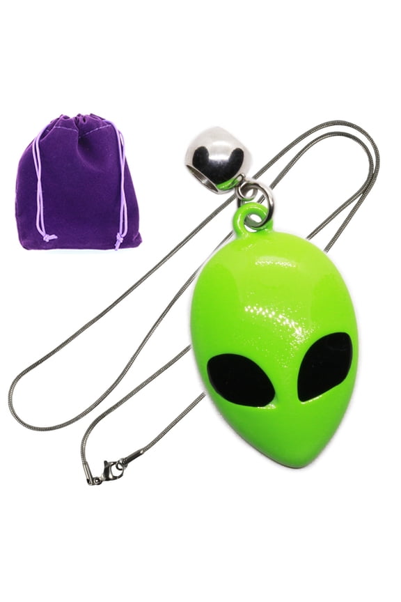 Neon Green Alien Head Pendant Necklace For Sci Fi Fans, Glossy Space Alien Jewelry With Metal Chain And Gift Pouch For Ufo Lovers, Festivals And Cosplay