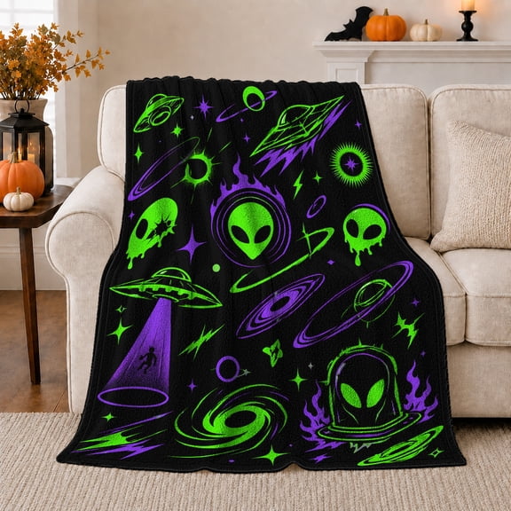 Neon Green Alien Heads Flying Saucers Sci-Fi Space, Playful Fantasy Scene, Warm Flannel Blanket for Office and Dorm, Celestial Art Lovers Housewarming Gift, Fantasy Home Decor