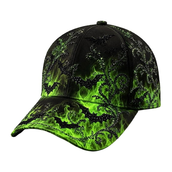 Neon Green Bat Flame Baseball Cap, Gothic Halloween Sparkle Hat