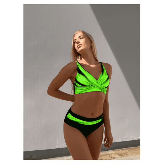 Neon Green Bikini Set - Women's High Waisted Two Piece Swimsuit; Black Trim; Vibrant Color; Summer Beach Pool Bathing Suit; Adjustable Straps