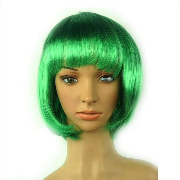 Neon Green Bob Wig with Flat Bangs - 12 Inch Heat Resistant Synthetic Short Hair Wig with Wig Cap for Halloween, Cosplay, Parties